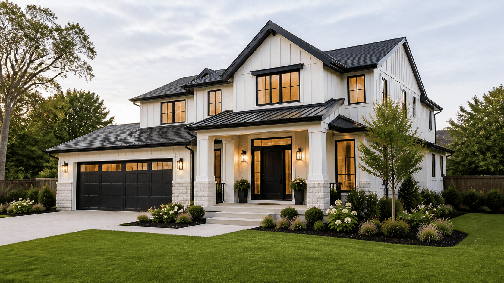 A listing photographed at dusk, lights on inside
